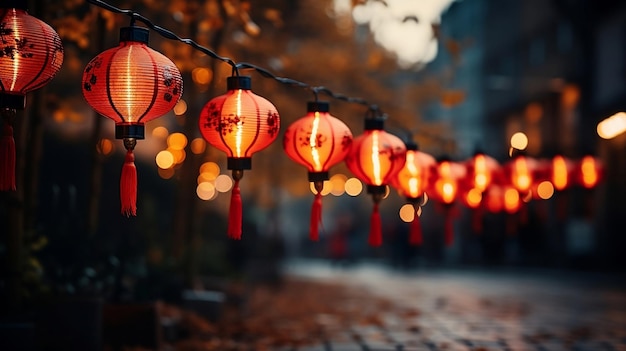 Decorazione laterna di carta rossa del Capodanno cinese con luci sulla strada