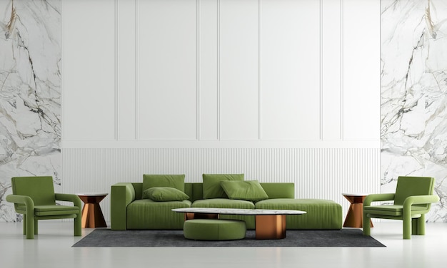 Decorazione moderna e divano verde e soggiorno interno e parete vuota sullo sfondo di struttura