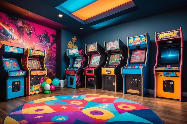 Decorazione murale con gioco arcade retrò in uno spazio di intrattenimento vivace