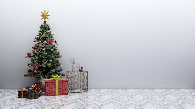 Decorazione natalizia 3d con regali e albero di natale, buon natale e felice anno nuovo