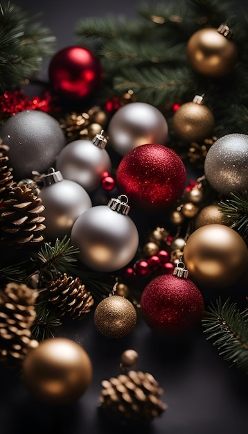 Decorazione natalizia con palline e ramo di abete su sfondo scuro