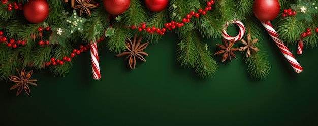 Decorazione natalizia con rami di abete bacche rosse sfondo natalizio verde generativo ai
