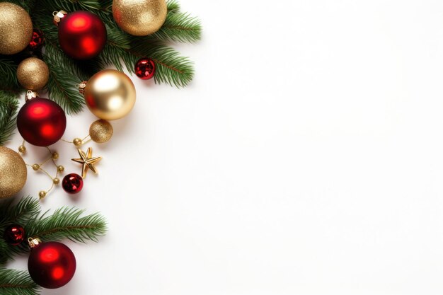Decorazione natalizia con rami di abete e palle su uno sfondo bianco con spazio di copia illustrazione generata da AI