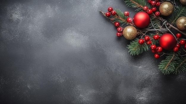 Decorazione natalizia con rami di abete e palline su uno sfondo scuro Ai generativa