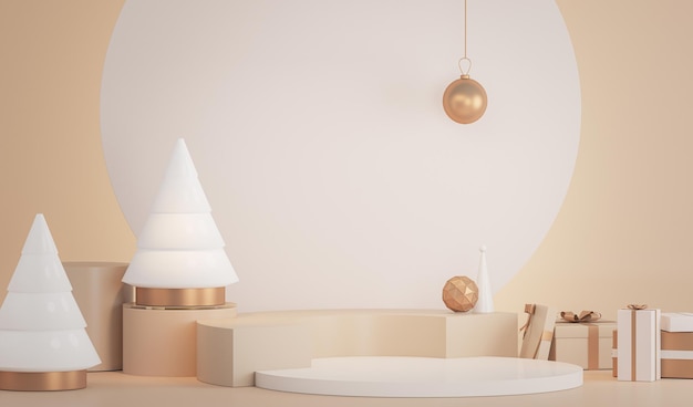 Decorazione natalizia con regali e podio di pini Fondo beige dorato e pastello 3D render