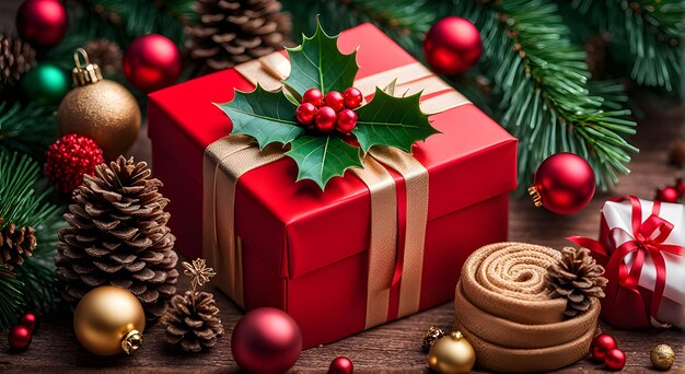 Decorazione natalizia con scatola regalo e gioielli sullo sfondo bokeh