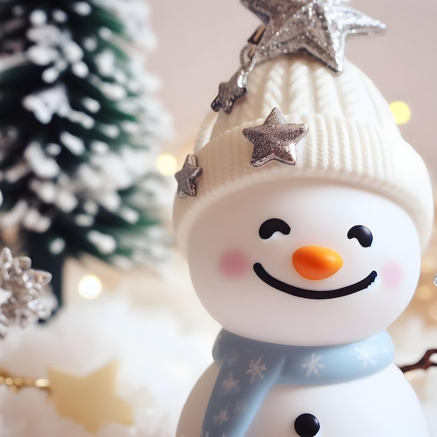 Decorazione natalizia con uomo di neve e albero di Natale sullo sfondo bokeh