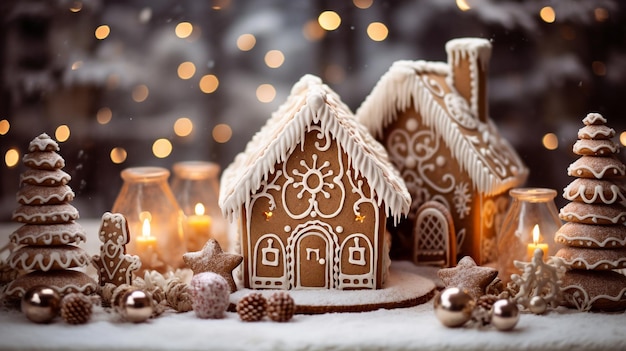 Decorazione natalizia della casa di pan di zenzero su sfondo scuro di luci dorate sfocate Decorato a mano