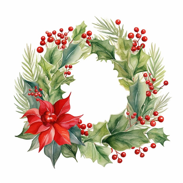 Decorazione natalizia ghirlanda sempreverde ramo di pino fiore rosso e bacche Illustrazione acquerello