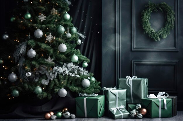 Decorazione natalizia in verde monocromatico Smeraldo sfondo di Capodanno con copia Spazio