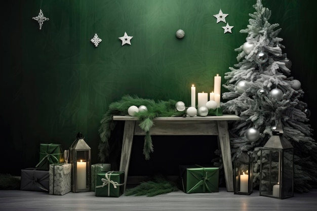 Decorazione natalizia in verde monocromatico Smeraldo sfondo di Capodanno con copia Spazio