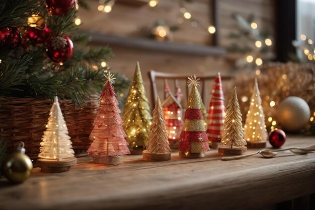 decorazione natalizia Piccoli alberi di Natale su uno sfondo di luci scintillanti