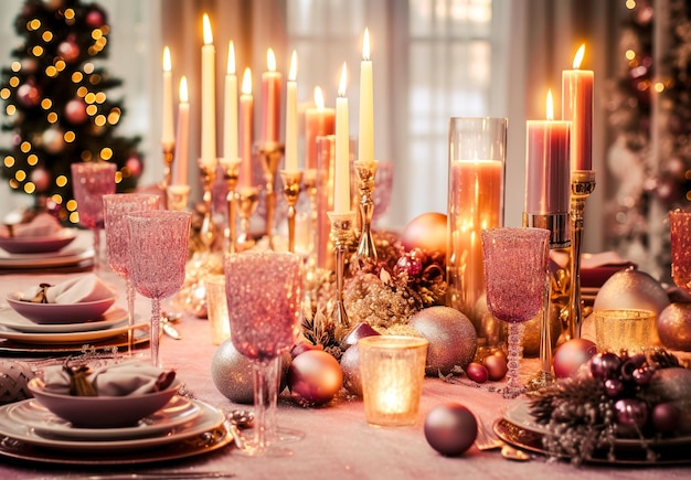 Decorazione natalizia rosa e viola con candele e lampade Decorazione del luogo del matrimonio