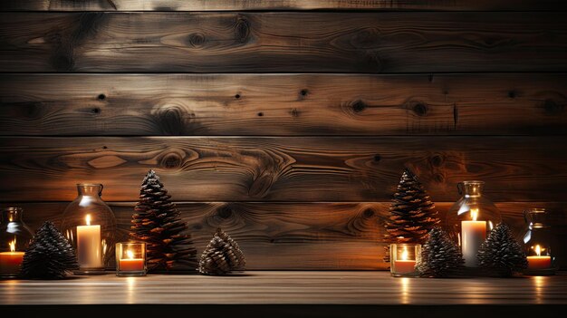 Decorazione natalizia su sfondo di legno a piatto Spazio per il testo