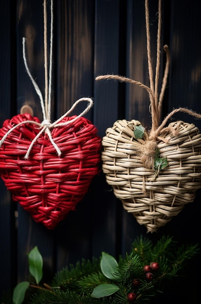 Decorazione natalizia su sfondo di legno scuro Cuore rosso in un cesto di vimini