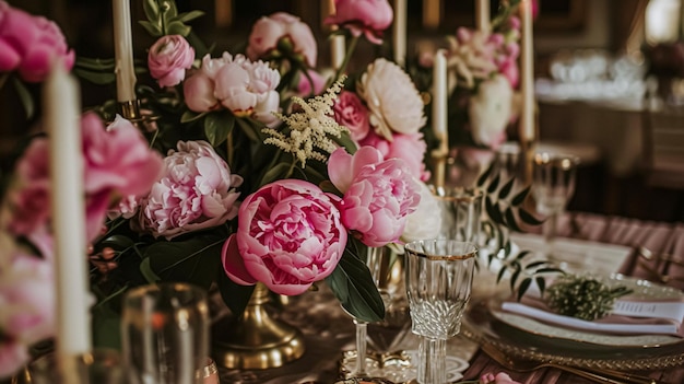 Decorazione nuziale con peonie decorazione floreale e celebrazione di eventi fiori di peonia e cerimonia nuziale nel giardino in stile country inglese