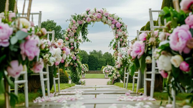 Decorazione nuziale con peonie decorazione floreale e celebrazione di eventi fiori di peonia e cerimonia nuziale nel giardino in stile country inglese