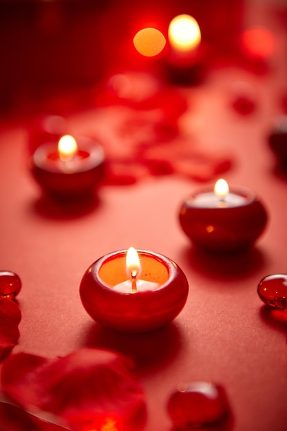 Decorazione per cena romantica Candele rosse, petali di fiori sul tavolo Messa a fuoco selettiva, concetto di San Valentino o amore