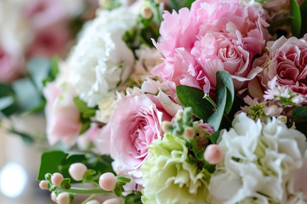 Decorazione romantica di matrimonio rosa con fiori bianchi e verdi freschi Arrangamento floreale vintage