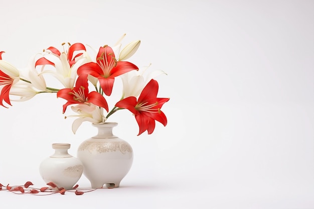 Decorazione rossa e bianca sullo sfondo con fiori freschi di giglio bianco cinese Copia lo spazio per il testo