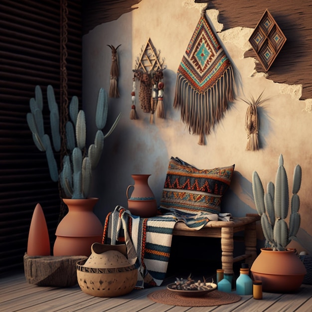 Decorazione rustica con parete di fondo per interni Boho nomade IA generativa