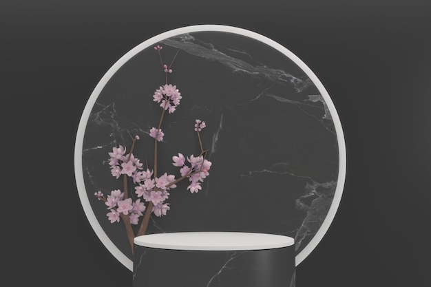 Decorazione Sakura e podio in granito nero su sfondo nero