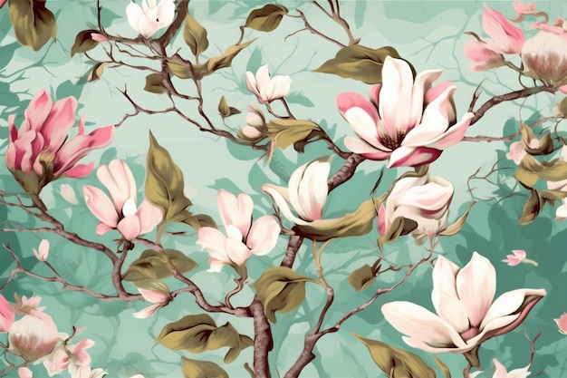 Decorazione sfondo fiore magnolia modello acquerello carta da parati foglia senza soluzione di continuità floreale vintage AI generativa