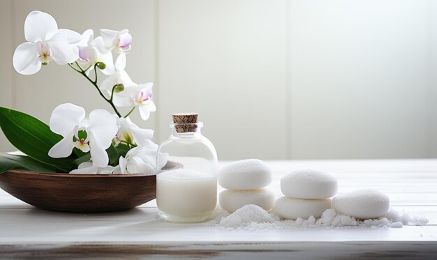 Decorazione spa con pietre candela fiore bianco e una bottiglia con olio da massaggio su un pavimento di legno bianco