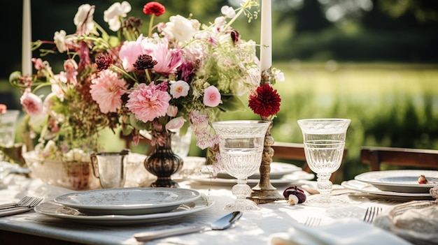 Decorazione tavola tavola vacanza paesaggio e tavola da pranzo in giardino di campagna decorazione di eventi formali per la celebrazione della famiglia del matrimonio ispirazione per lo stile inglese country e home