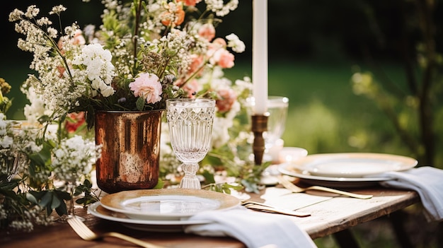 Decorazione tavola tavola vacanza paesaggio e tavola da pranzo in giardino di campagna decorazione di eventi formali per la celebrazione della famiglia del matrimonio ispirazione per lo stile inglese country e home