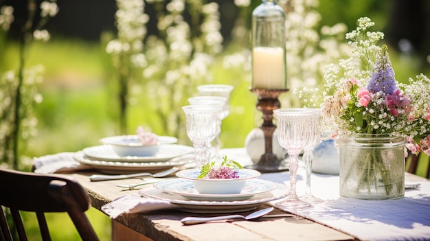 Decorazione tavola tavola vacanza paesaggio e tavola da pranzo in giardino di campagna decorazione di eventi formali per la celebrazione di nozze e famiglie stile inglese country e home