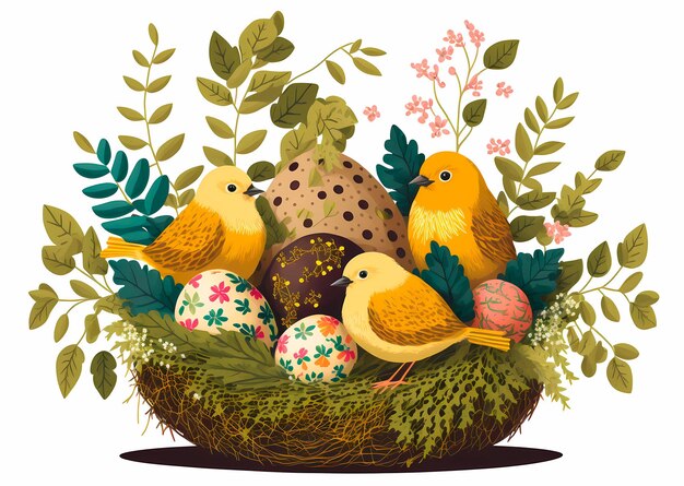 Decorazione Uova di Pasqua con fiori primaverili e simpatici uccelli Buona Pasqua