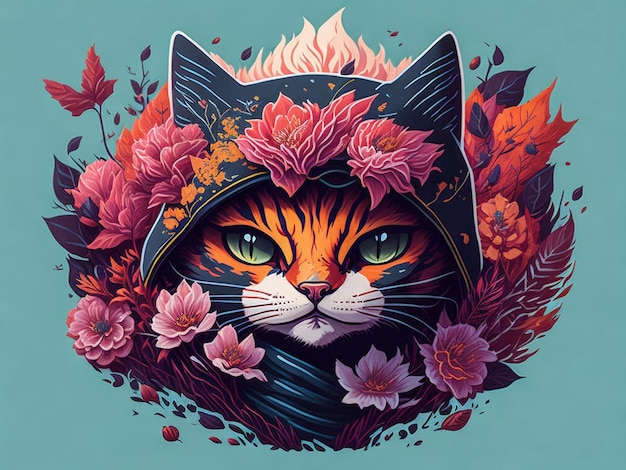 decorazione variopinta dell'illustrazione del fronte del gatto del fiore
