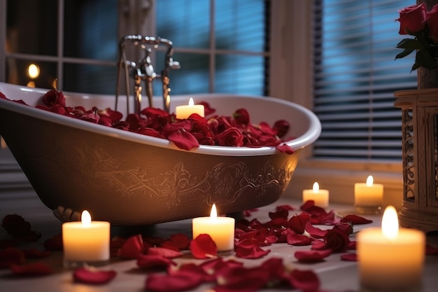 Decorazione vasca da bagno romantica con candele accese, asciugamani, idee ispirate a fiori e petali