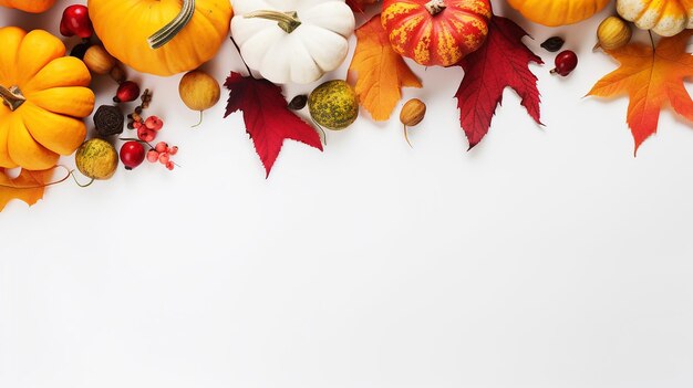 decorazioni autunnali festive da zucche bacche e foglie su sfondo bianco