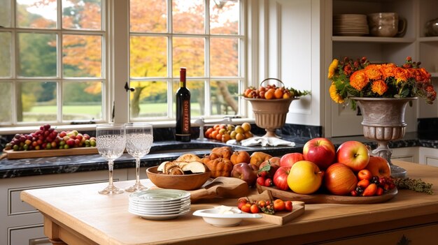 Decorazioni autunnali per la cucina, interior design e decorazioni per la casa. Cucina classica inglese decorata per la stagione autunnale in un'elegante idea in stile cottage di una casa di campagna