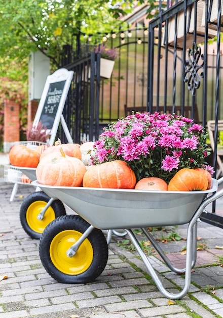 Decorazioni autunnali vicino al caffè di strada per la stagione autunnale del Ringraziamento di Halloween Composizione con zucca