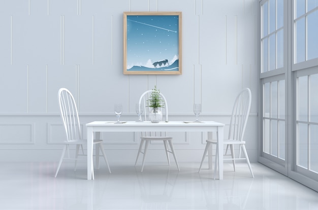 Decorazioni bianche per mangiare con sedia, scrivania, finestra, forchetta, cucchiaio, vetro, cielo. Rendering 3D