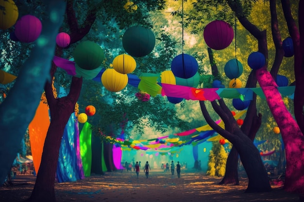 Decorazioni colorate e festival di colori nel parco sullo sfondo di alberi e fogliame