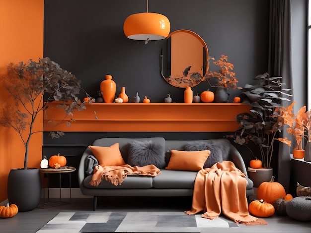 Decorazioni creative per la casa autunnale in uno sfondo tavolozza arancione pastello e verde militare Ai Generated