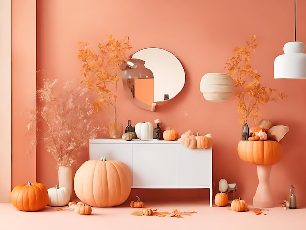 Decorazioni creative per la casa autunnale in uno sfondo tavolozza arancione pastello e verde militare Ai Generated