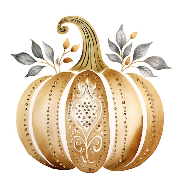 Decorazioni decorative di Halloween con zucca dorata su sfondo bianco