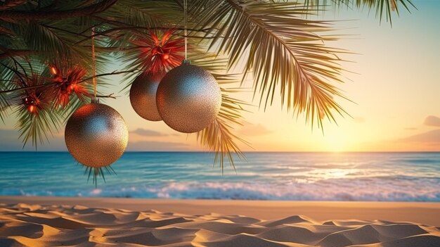 Decorazioni di alberi di Natale sulla spiaggia tropicale al tramonto Concetto di vacanze e celebrazioni Albero di palma a