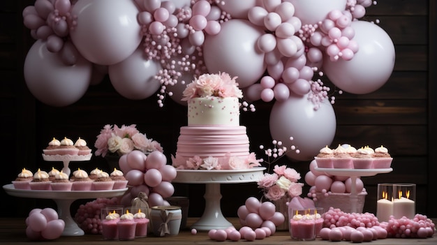 Decorazioni di compleanno rosa e bianche sontuose con una grande torta rosa e cupcakes