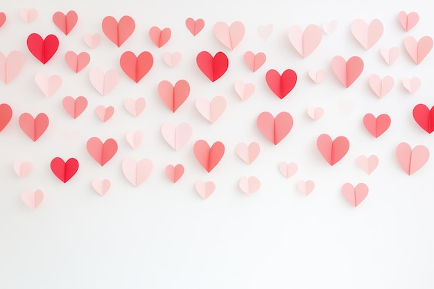 Decorazioni di cuore di carta rosa e rossa appese su sfondo bianco per il giorno di San Valentino