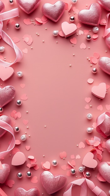 Decorazioni di cuore rosa e argento per il giorno di San Valentino su uno sfondo rosa