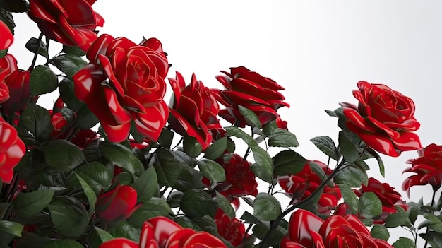 Decorazioni di fioriture di rose rosse su sfondo bianco 4k illuminazione realistica