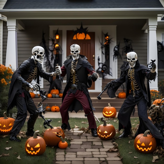 Decorazioni di Halloween che combattono nello scheletro del demone diavolo del cortile anteriore con armi in mano
