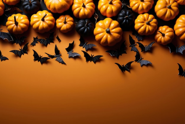 Decorazioni di Halloween fatte di zucca e pipistrello su sfondo arancione Vista piatta dall'alto con spazio per la copia