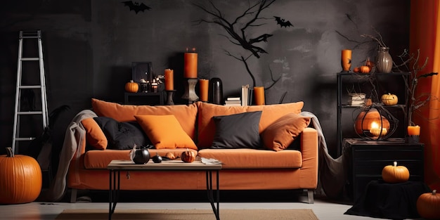 Decorazioni di Halloween in soggiorno con zucca cranio divano Interni dal design creativo IA generativa